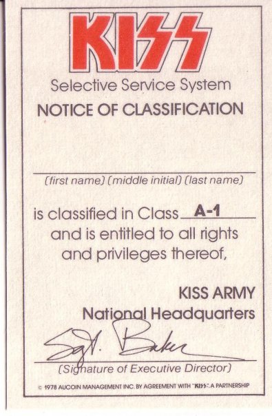 Kiss Army Membership Card - 1978
