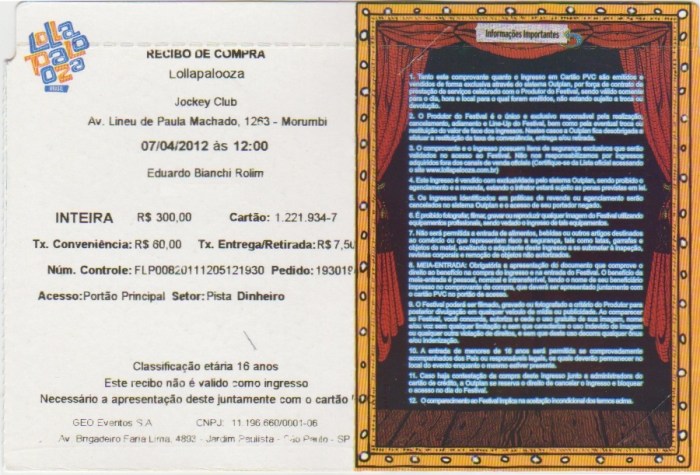 Encarte do ingresso - verso