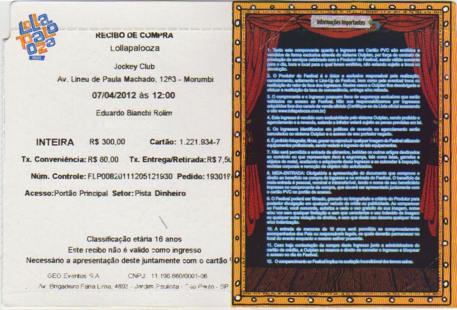 Encarte do ingresso - verso