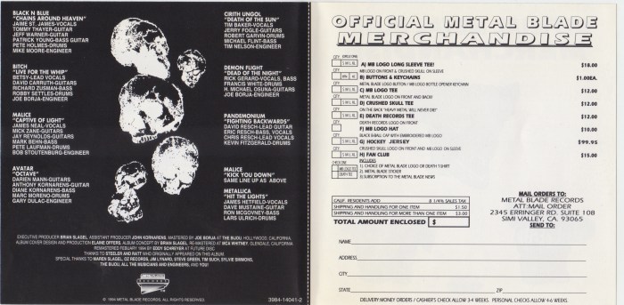 Metal Massacre americano em CD (1994) - o encarte com os detalhes das músicas